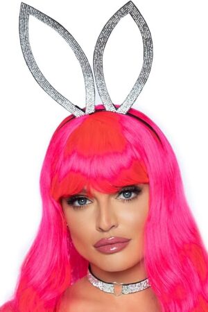 Women's 2 Pc Faux Rhinestone Bunny Ear Headband and Heart Choker Set, Silver, One Size