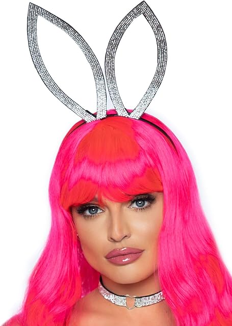 Women's 2 Pc Faux Rhinestone Bunny Ear Headband and Heart Choker Set, Silver, One Size