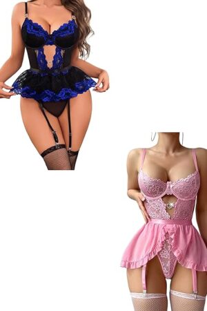 Lace Lingerie Set with Garter Belts Red Lingerie For Women Sexy Skirts Stockings For Women Lingerie