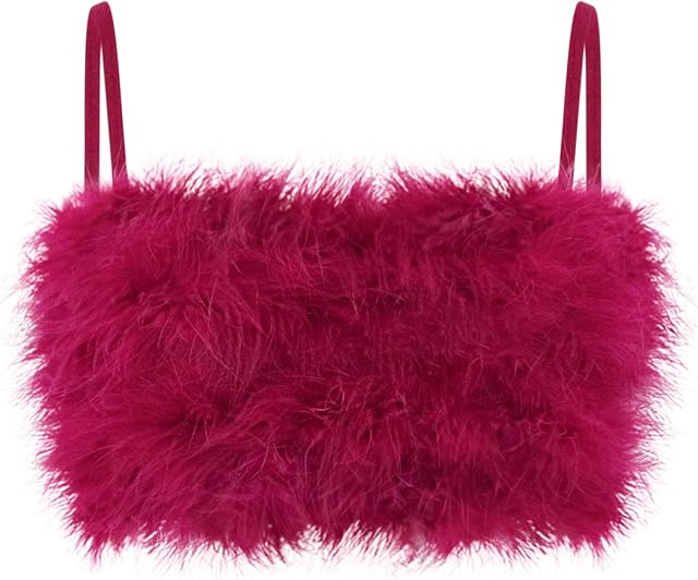 Women's Faux Fur Crop Top Spaghetti Strap Tube Tops Strappy Cami for Concert Club Party