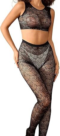 Women's Crew Neck Sleeveless Top+Patterned Tights Fishnet Stocking Suspender Pantyhose Sexy Fishnets Set