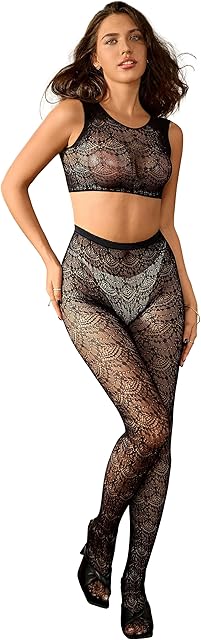 Women's Crew Neck Sleeveless Top+Patterned Tights Fishnet Stocking Suspender Pantyhose Sexy Fishnets Set