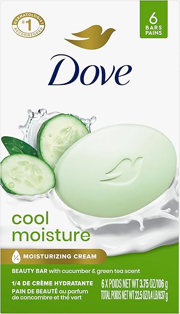 Dove Beauty Bar Soap Cool Moisture Cucumber & Green Tea Scent 6 Count for Refreshed Skin, Leaves Skin Refreshed 375 oz