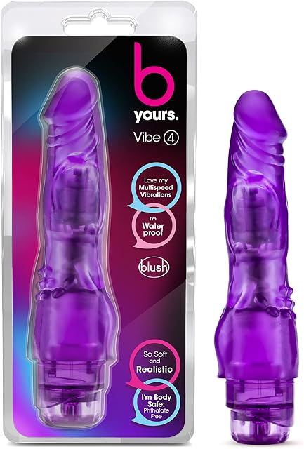 Blush Novelties B Yours Vibe 4 - Soft Realistic 8 Inch Vibrating Dildo - Tunable Vibration Levels - IPX7 Waterproof - Soft Nubby Clitoral Bump - Vibrator Sex Toy for Women Couples - Clear Purple