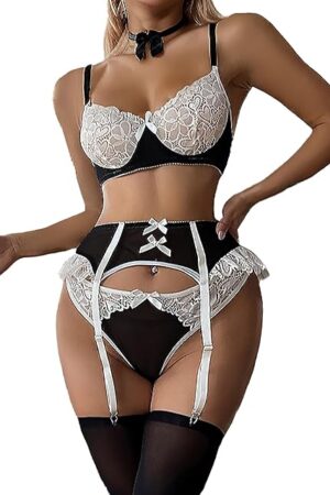 Women's Contrast Lace Underwire Costume Colorblock Lingerie Set
