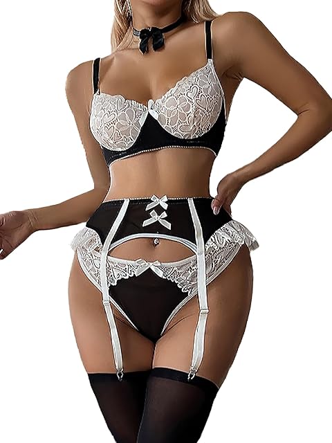 Women's Contrast Lace Underwire Costume Colorblock Lingerie Set