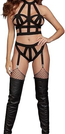 Women's Black Strappy Collared Bralette and Garter Panty Set