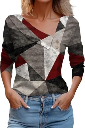 Women Tops Spring 2025 Long Sleeve V Neck Loose Shirts Plaid Print Asymmetric Button Blouses Business Casual Tunic