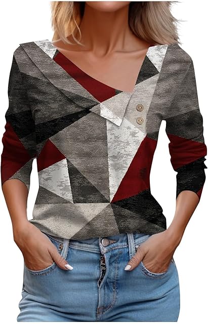 Women Tops Spring 2025 Long Sleeve V Neck Loose Shirts Plaid Print Asymmetric Button Blouses Business Casual Tunic