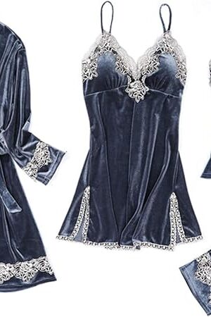 Andongnywell 4PC Women's Sexy Pajamas Set 4pcs Velvet Pajama Sets Cami Top Nightgown Lace Sleepwear Dress Robe Pants Sets