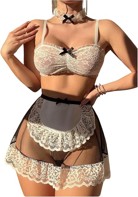 Women's Maid Cosplay Lingerie Sheer Lace Mesh Bralette Thong Mini Skirt with Choker