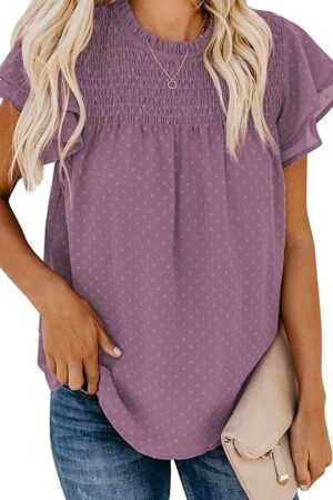 Womens Crewneck Lace Crochet Pom Pom Flowy Short Sleeve Casual Shirts Blouses Tops