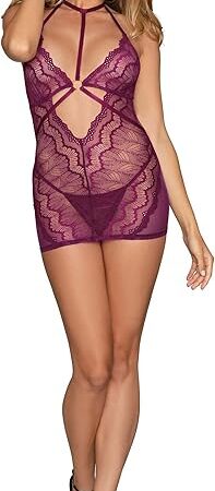 Women's Contemporary Lace & Mesh Chemise with Halter Neck & Matching G-String Mulberry