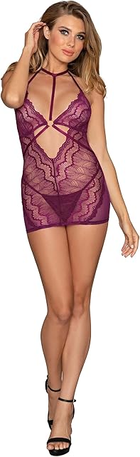 Women's Contemporary Lace & Mesh Chemise with Halter Neck & Matching G-String Mulberry