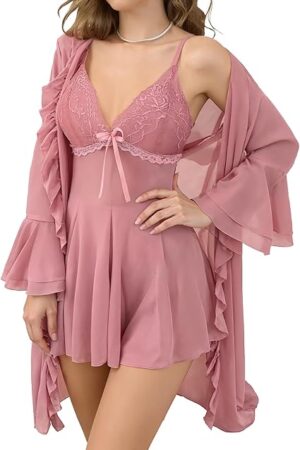 Women Lingerie Set 2 Piece Lace Mesh Sleepwear Mesh Cami Nightgown Babydoll Lingerie