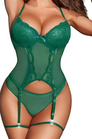 Women Teddy Chemise Garter Rave Outfits See Through Lingerie Green