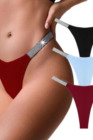 Lace Thongs for Women G-String Tanga with Rhinestone-Embellished Cheeky Underwear 3 Pack