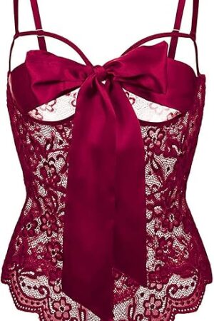 Women Teddy Lingerie Floral Lace Bodysuit Bow Front One Piece Babydoll Mini Bodysuit S-XXL