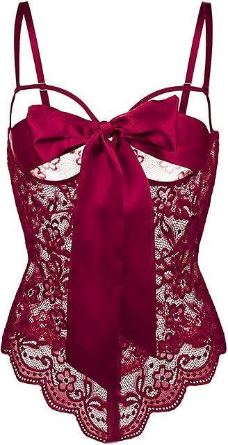 Women Teddy Lingerie Floral Lace Bodysuit Bow Front One Piece Babydoll Mini Bodysuit S-XXL