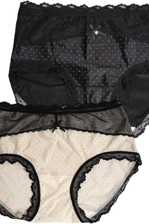 Womens Lace Panties 2 Pack Silkiness Mid Waist Polka Dot Ribbon Bow Sexy Cute Panties, One Size
