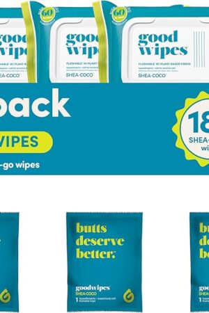 goodwipes Flushable Butt Wipes - Vitamin E & Aloe - Soft & Gentle Wet Wipe Dispenser, Septic & Sewer Safe - Largest Adult Toilet Towelettes - Shea-Coco, 180 Count (3 Packs) + 3 Individually Wrapped