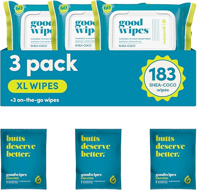 goodwipes Flushable Butt Wipes - Vitamin E & Aloe - Soft & Gentle Wet Wipe Dispenser, Septic & Sewer Safe - Largest Adult Toilet Towelettes - Shea-Coco, 180 Count (3 Packs) + 3 Individually Wrapped