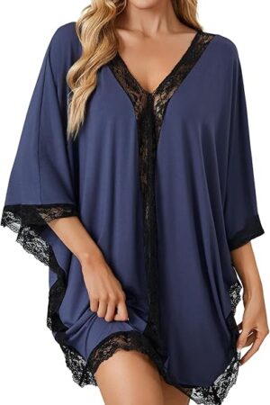 Women's Lace V Neck Nightgowns Batwing Oversized Modal Nightshirts Sleepwear