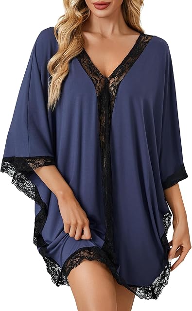 Women's Lace V Neck Nightgowns Batwing Oversized Modal Nightshirts Sleepwear