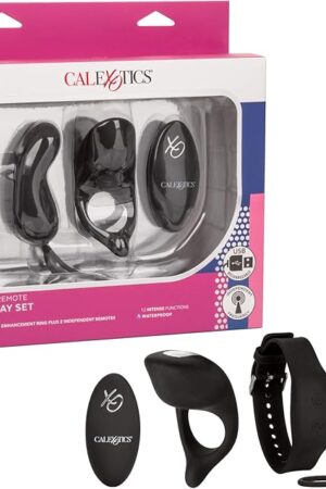 CalExotics Silicone Remote Foreplay Set, Rechargeable Waterproof 12-Function Cock Ring and Self Stimulator with 2 Independent Controls Black SE-0077-80-3