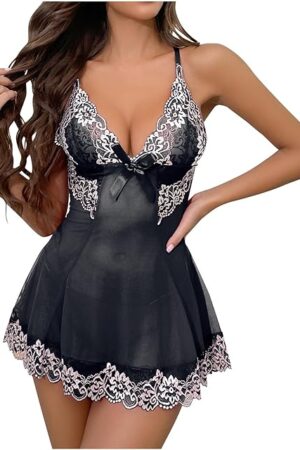 Women Floral Embroidery Babydoll Lingerie Sexy Mesh Chemise Nightgown Boudoir Pajama Dress for Sex Naughty
