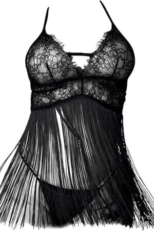 Women Sexy Lace Lingerie Fringe Skirt See-Through Sexy Lingerie Set 2 Piece Set Lace Sleepwear and Panty Sets