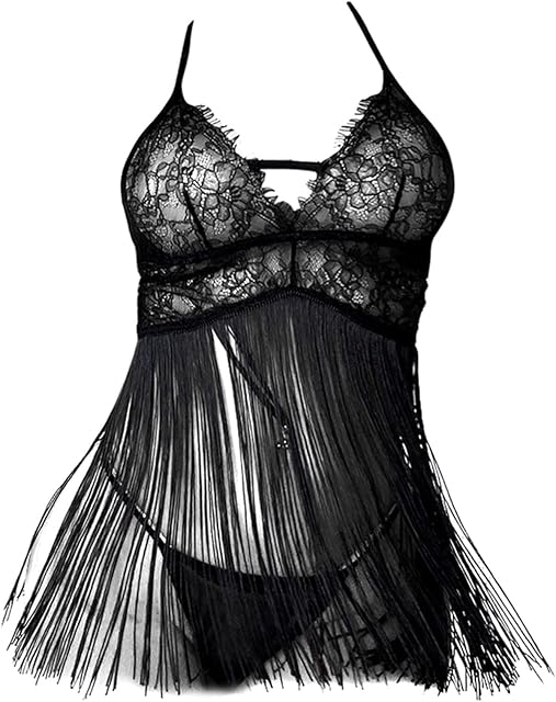 Women Sexy Lace Lingerie Fringe Skirt See-Through Sexy Lingerie Set 2 Piece Set Lace Sleepwear and Panty Sets