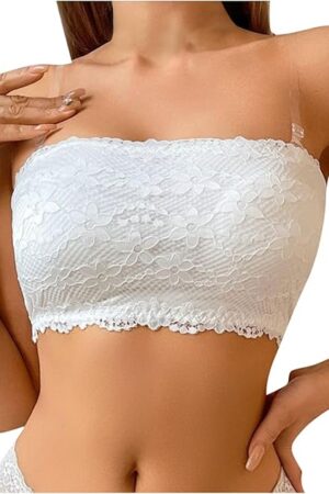 Lace Bandeau Bra for Women Strapless Tube Top Padded Bralette Lace Crop Top Cami Lingerie Seamless Stretchy Tops