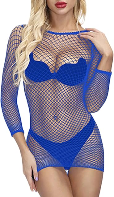 Women Long Sleeve Fishnet Mini Dress Sexy Mesh Hollow Lingerie Chemise Cut Out See Through Babydoll Cover Ups
