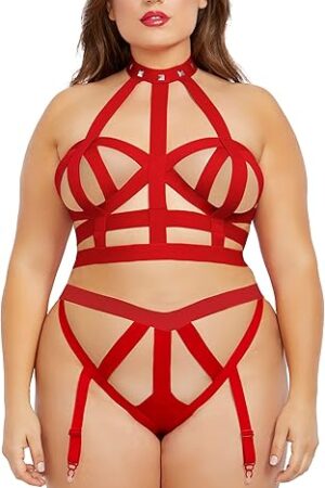 womens Ps Studded Collar Lingerie Set, Rouge, One Size US