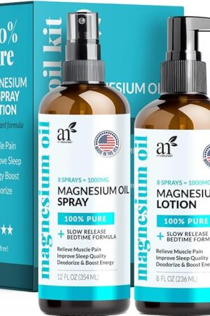 ArtNaturals Magnesium Oil Spray 12 oz + Body Massage Lotion Set 8oz for Feet & Sleep - Extra Strength Cream Ultra-Pure, Relief & Relaxation, Muscle Health Leg & Joint Care Topical Non Itch