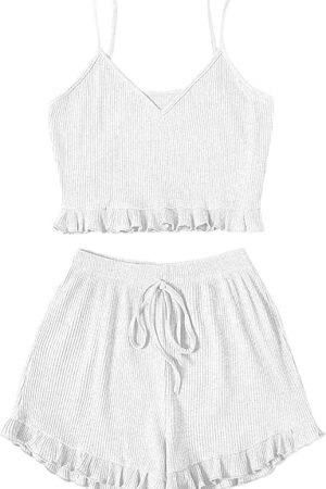 Women Sexy 2 Piece Pajama Set Ruffle Trim Cami Top and Shorts Sleepwear Set