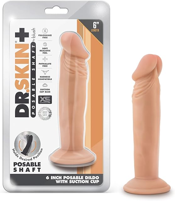 Blush Novelties Dr. Skin Plus - 6 Inch Realistic Posable Dildo - Suction Cup Base for Hands Free Play and Harness Compatible - Triple Density and Flexible Sex Toy for Him Her Couples