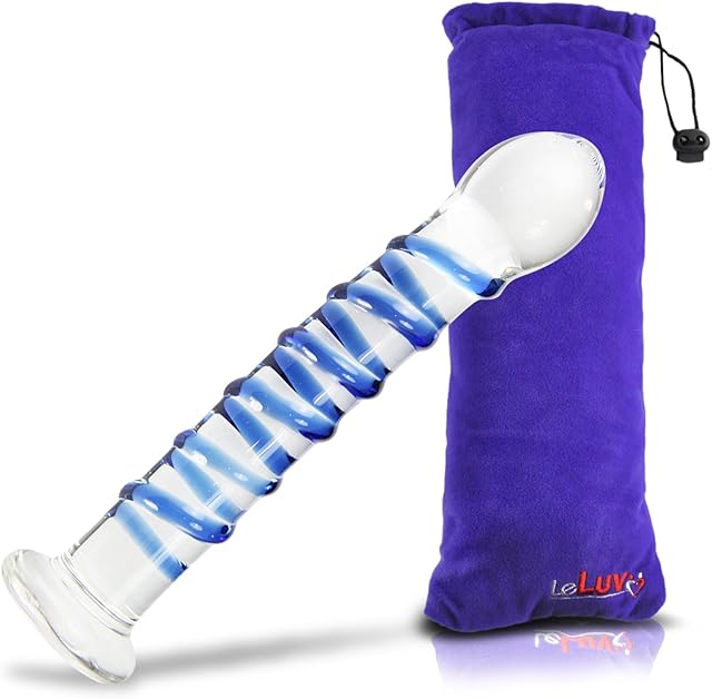 LeLuv 7.5" Blue Seductive Swirl Wand Glass G-Spot Dildo with Premium Padded Pouch