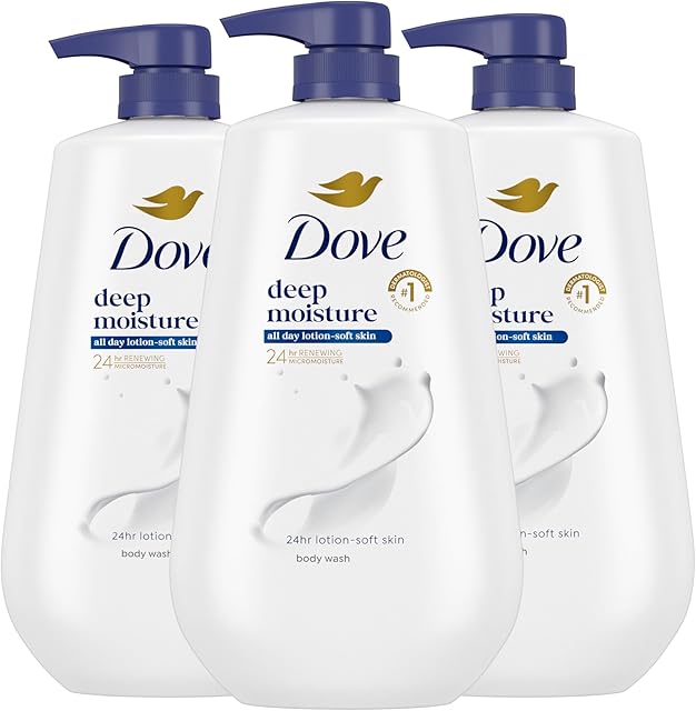 Dove Body Wash with Pump 3 Count Deep Moisture for 24hr Lotion-Soft Skin Moisture Moisturizing Skin Cleanser with No Sulfates No Parabens