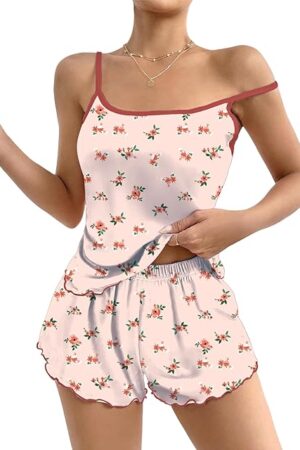 Cami Pajama Set for Women Print Lingerie Sleepwear Camisole Top and Shorts 2 Piece Pj Shorts Set Nightwear