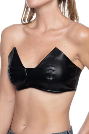 Black Corset Faux PU Leather Bustier Bra Tops, for Women, Sexy Lingerie Push Up Bra, Rave Outfit