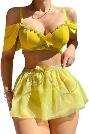 Women's 3 Piece Babydoll Lingerie Set Sheer Bra and Panty with Skirt Costume