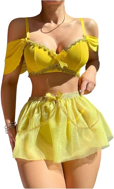 Women's 3 Piece Babydoll Lingerie Set Sheer Bra and Panty with Skirt Costume