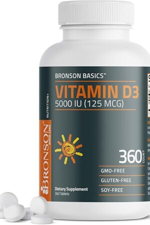 Bronson Vitamin D3 5000iu (125mcg) 1 Year Supply for Healthy Muscle Function and Immune Support, Non-GMO, 360 Tablets