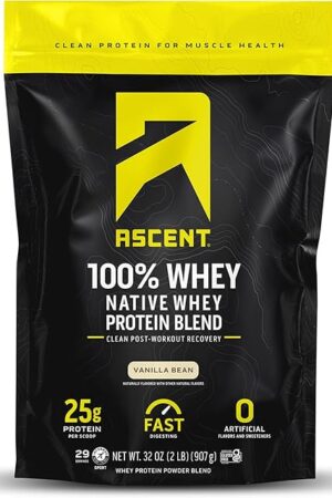 Ascent 100% Whey Protein Powder - Post Workout Whey Protein Isolate, Zero Artificial Flavors & Sweeteners, Soy & Gluten Free, 55g BCAA, 26g Leucine, Essential Amino Acids, Vanilla Bean 2 lb