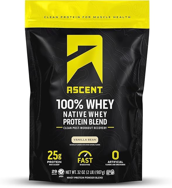 Ascent 100% Whey Protein Powder - Post Workout Whey Protein Isolate, Zero Artificial Flavors & Sweeteners, Soy & Gluten Free, 55g BCAA, 26g Leucine, Essential Amino Acids, Vanilla Bean 2 lb