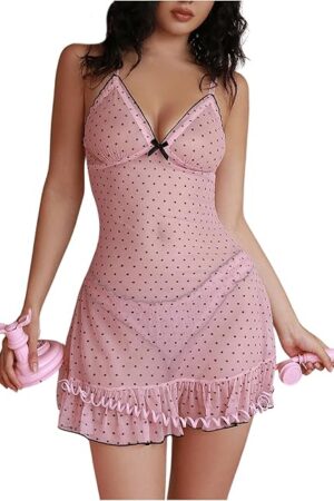 Women's 2 Piece Sheer Mesh Lingerie Set Polka Dots Nightdress Bow Ruffle Nightgown and Panty Sets