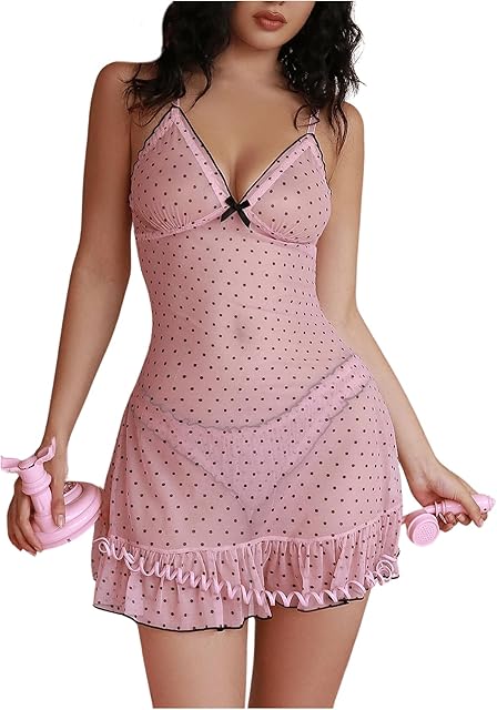 Women's 2 Piece Sheer Mesh Lingerie Set Polka Dots Nightdress Bow Ruffle Nightgown and Panty Sets