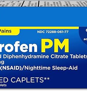 Amazon Basic Care Ibuprofen PM, Ibuprofen 200 mg and Diphenhydramine Citrate 38 mg Tablets, Pain Reliever and Nighttime Sleep-Aid, 120 Count (Packaging may vary)